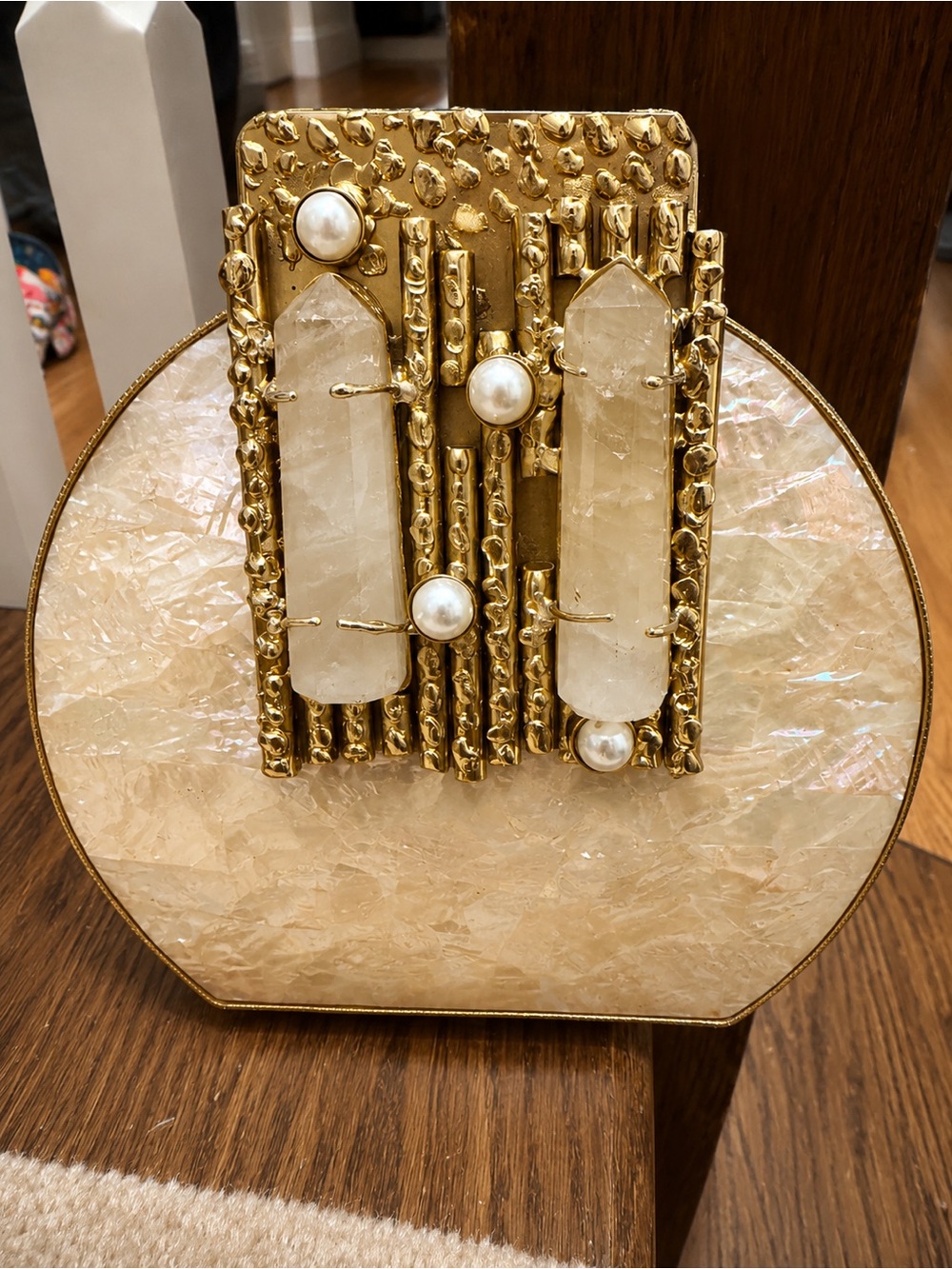 Vintage inspired mother of pearl clutch. Crystal Quartz statement bag.